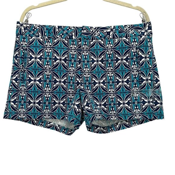 NWT Stylus Island Teal Geometric Retro Flat Front Shorts Womens 10 - Picture 1 of 8